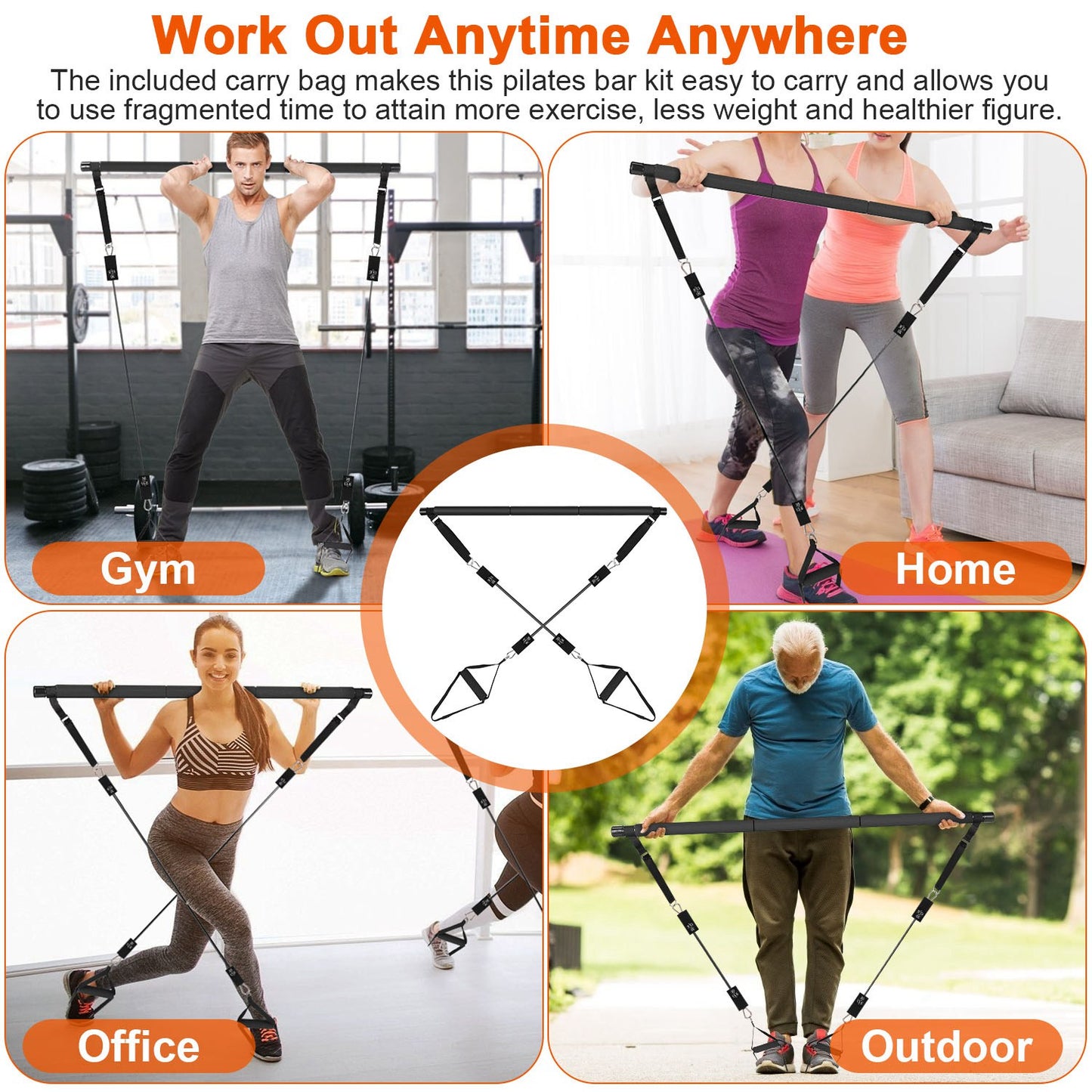 Adjustable Pilates Bar Kit with Resistance Bands – Up to 180 lbs | Full Body Home Workout